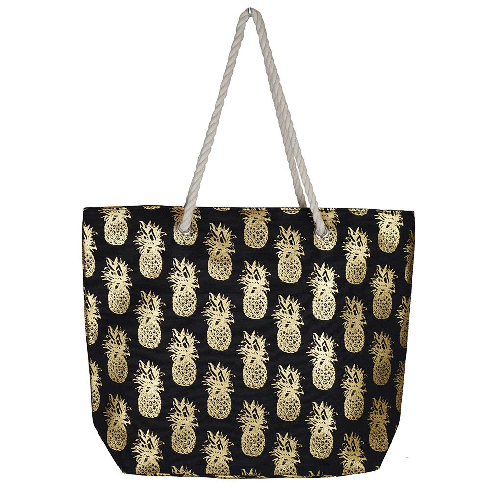 Metallic Pineapple Print Canvas Tote Bag