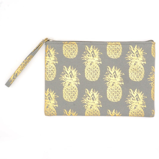 Metallic Pineapple Print Canvas Travel Pouch Wristlet