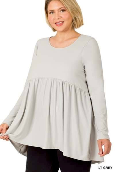 Zenana Babydoll Grey Long Sleeve Top