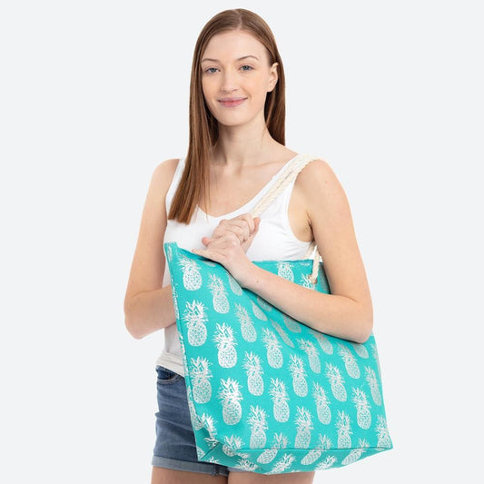 Metallic Pineapple Print Canvas Tote Bag