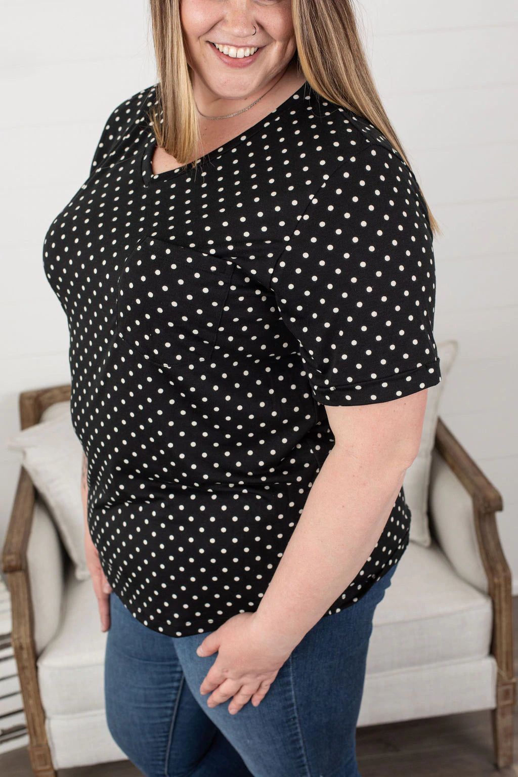 Sophie Pocket Tee- Black Polka Dot