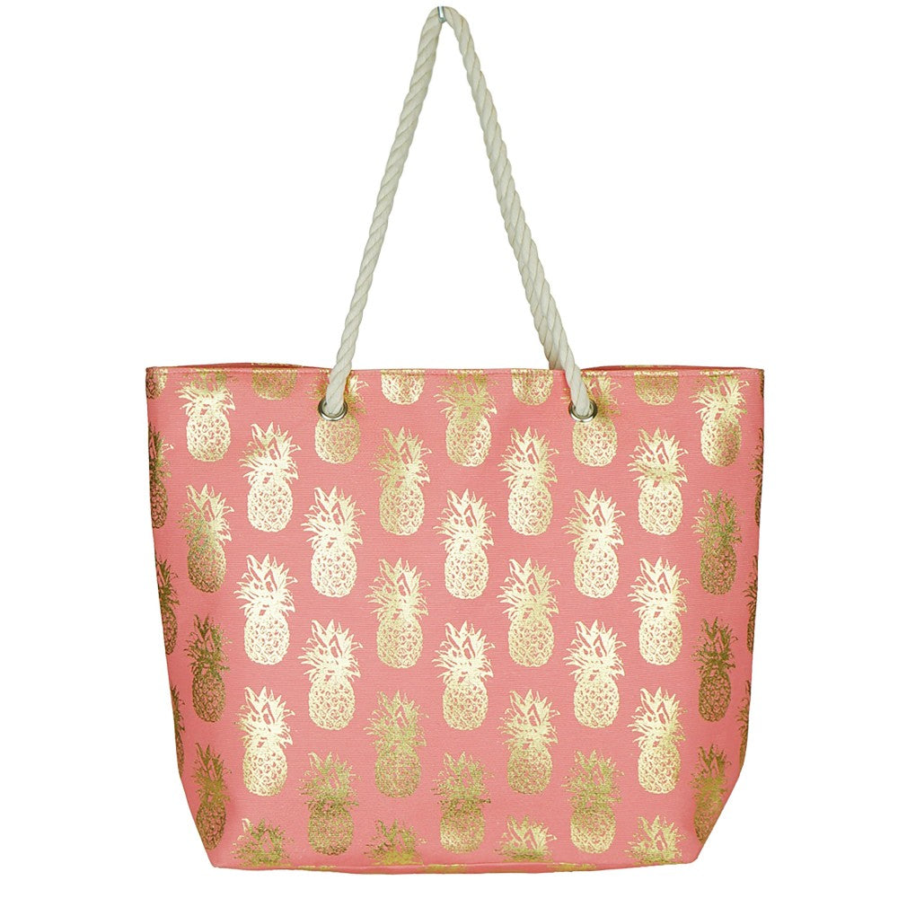 Metallic Pineapple Print Canvas Tote Bag