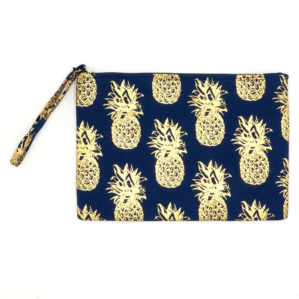 Metallic Pineapple Print Canvas Travel Pouch Wristlet