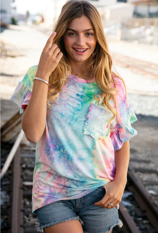 TIE DYE DOLMAN RUFFLE TOP WITH POCKET