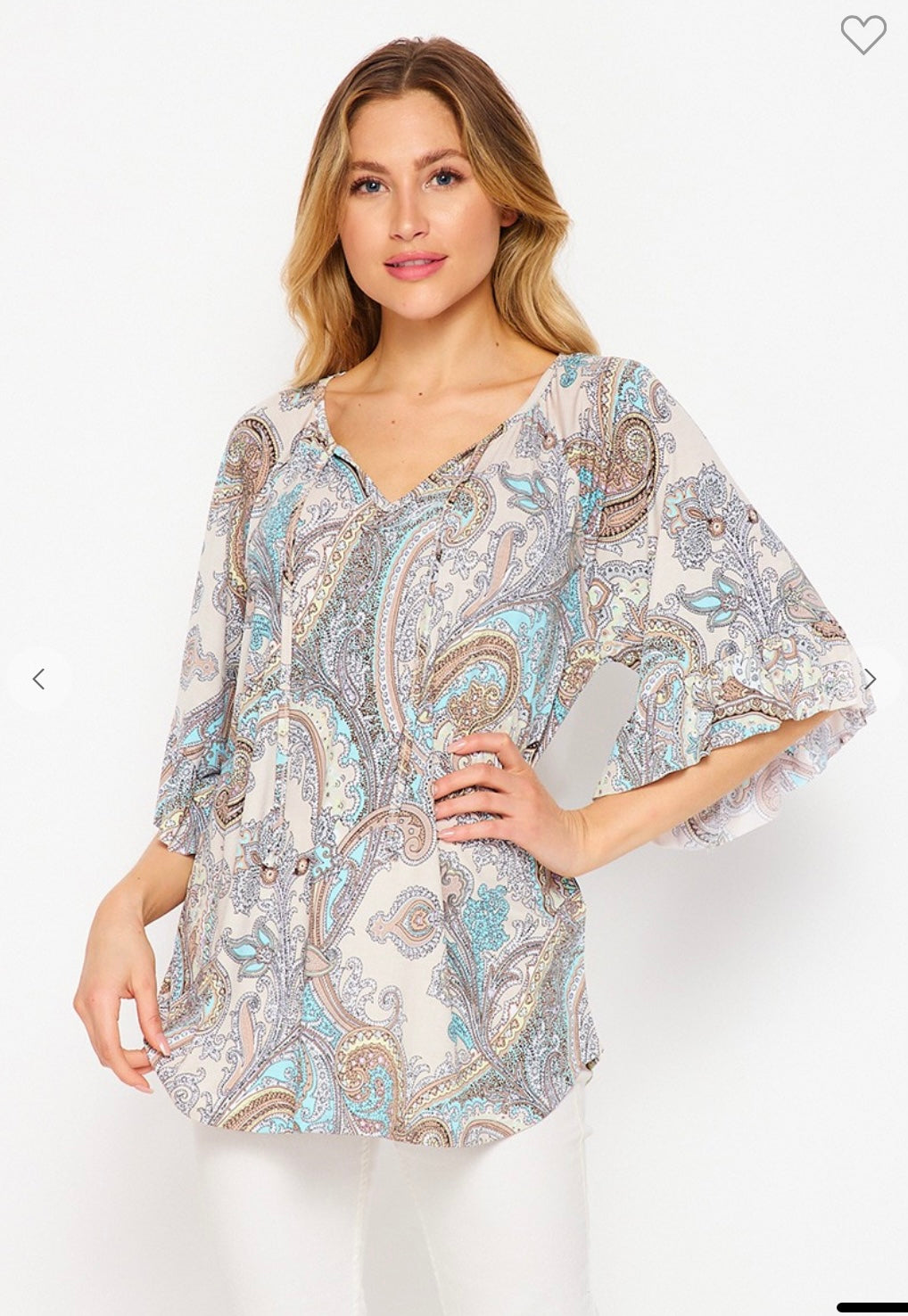 Teal Paisley Ruffle Sleeve Top