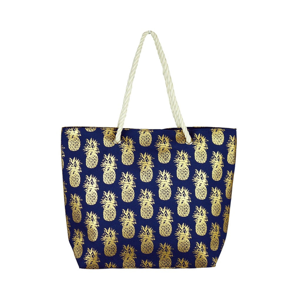 Metallic Pineapple Print Canvas Tote Bag