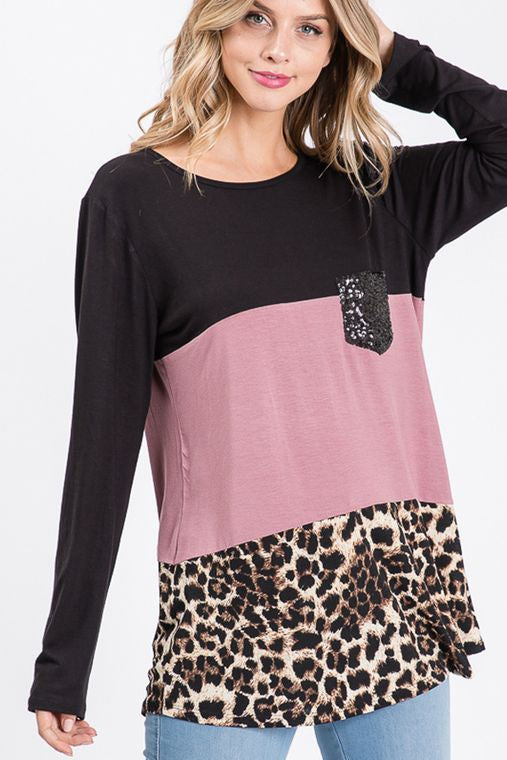 SOLID AND ANIMAL TOP WITH SEQUINS POCKET