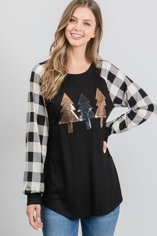 SOLID AND PLAID TOP WITH CHRISTMAS TREE