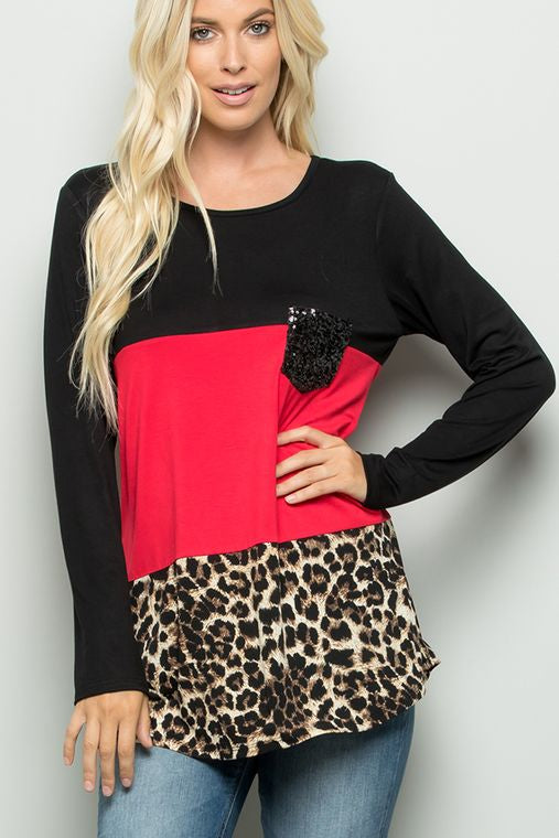 SOLID AND ANIMAL TOP WITH SEQUINS POCKET