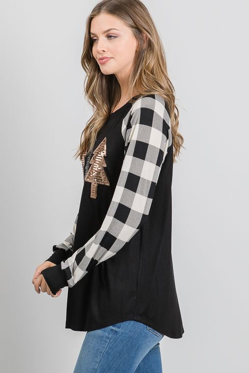 SOLID AND PLAID TOP WITH CHRISTMAS TREE