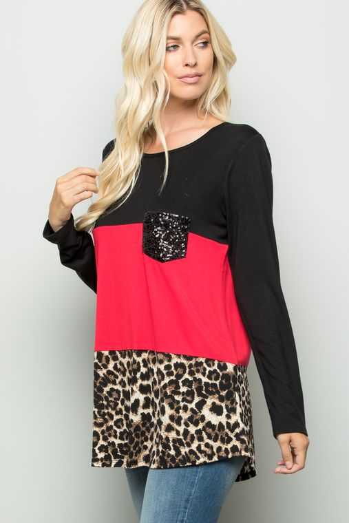 SOLID AND ANIMAL TOP WITH SEQUINS POCKET