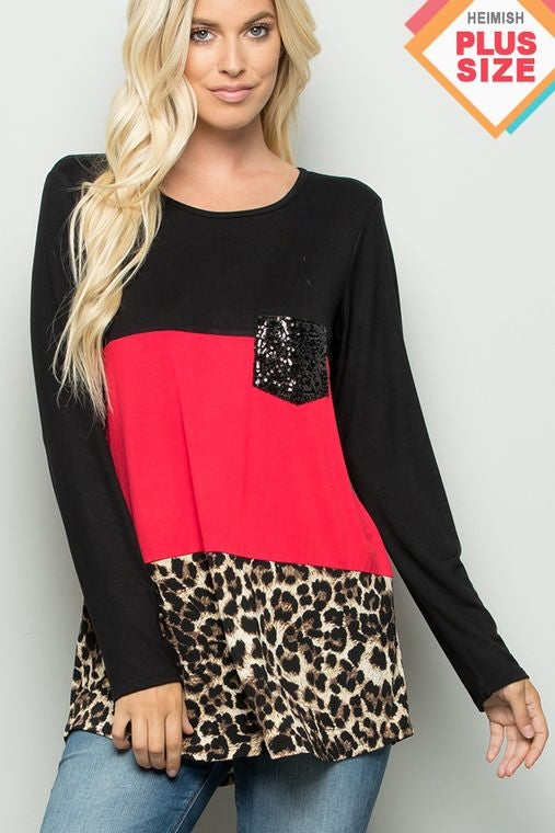 PLUS SOLID AND ANIMAL TOP WITH SEQUINS POCKET