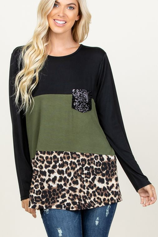 SOLID AND ANIMAL TOP WITH SEQUINS POCKET