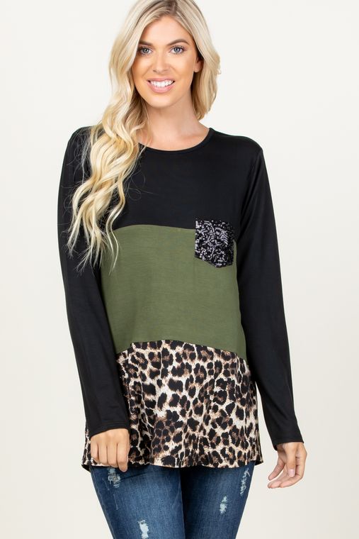 SOLID AND ANIMAL TOP WITH SEQUINS POCKET