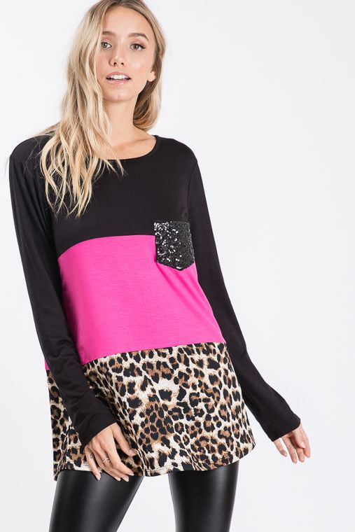 SOLID AND ANIMAL TOP WITH SEQUINS POCKET