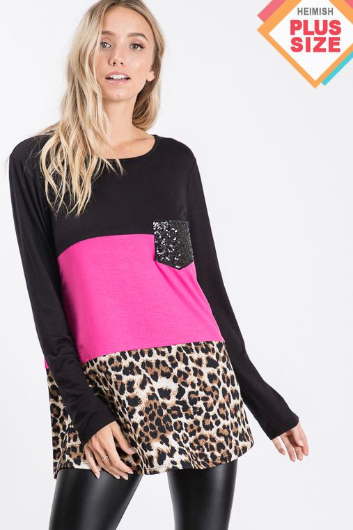 PLUS SOLID AND ANIMAL TOP WITH SEQUINS POCKET