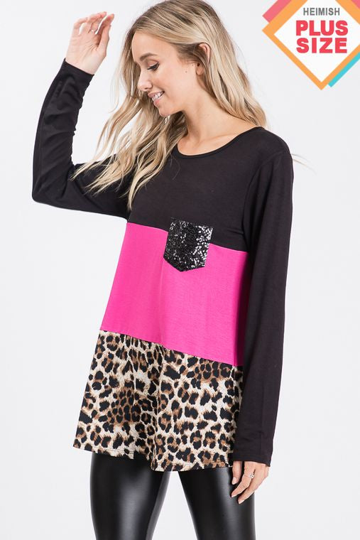 PLUS SOLID AND ANIMAL TOP WITH SEQUINS POCKET