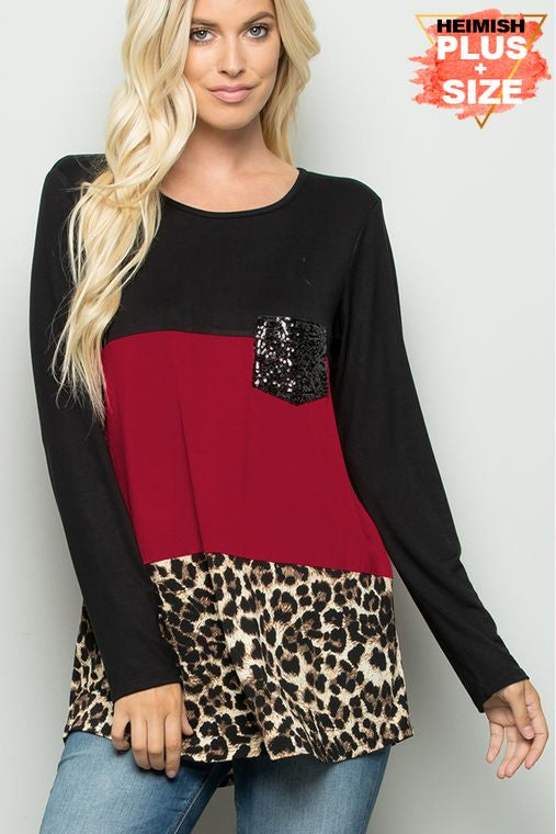 PLUS SOLID AND ANIMAL TOP WITH SEQUINS POCKET