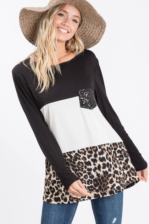 SOLID AND ANIMAL TOP WITH SEQUINS POCKET