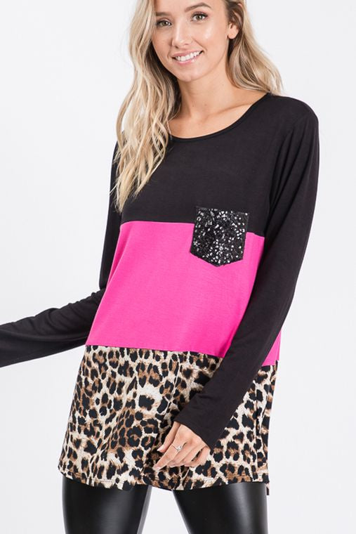 SOLID AND ANIMAL TOP WITH SEQUINS POCKET