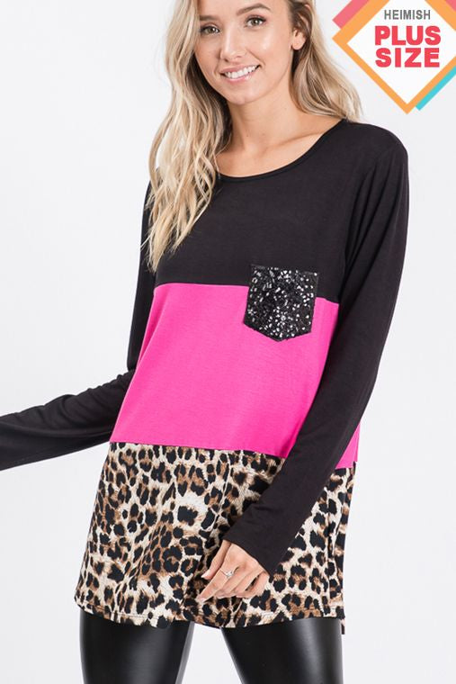 PLUS SOLID AND ANIMAL TOP WITH SEQUINS POCKET