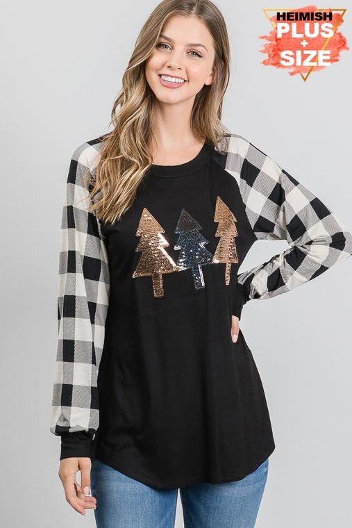 PLUS SOLID AND PLAID TOP WITH CHRISTMAS TREE