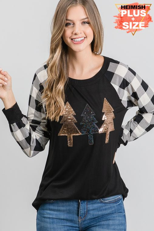 PLUS SOLID AND PLAID TOP WITH CHRISTMAS TREE