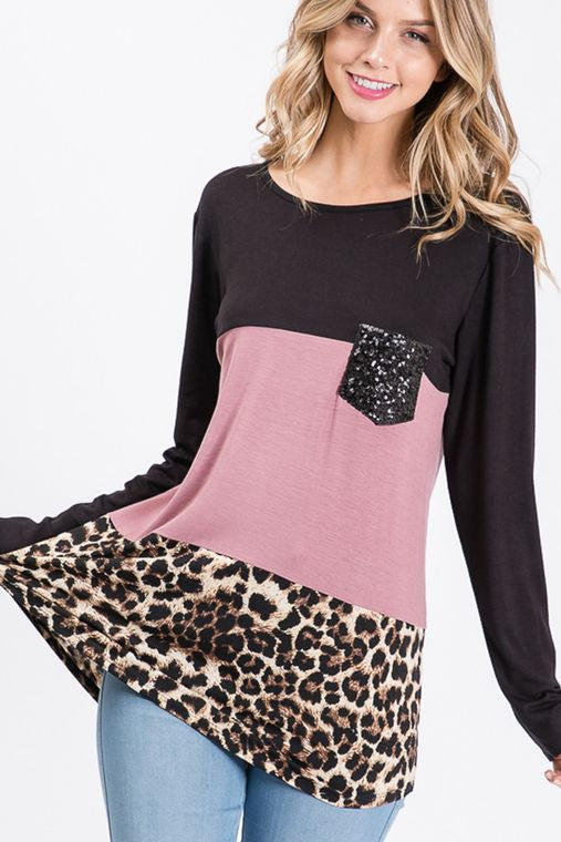 SOLID AND ANIMAL TOP WITH SEQUINS POCKET