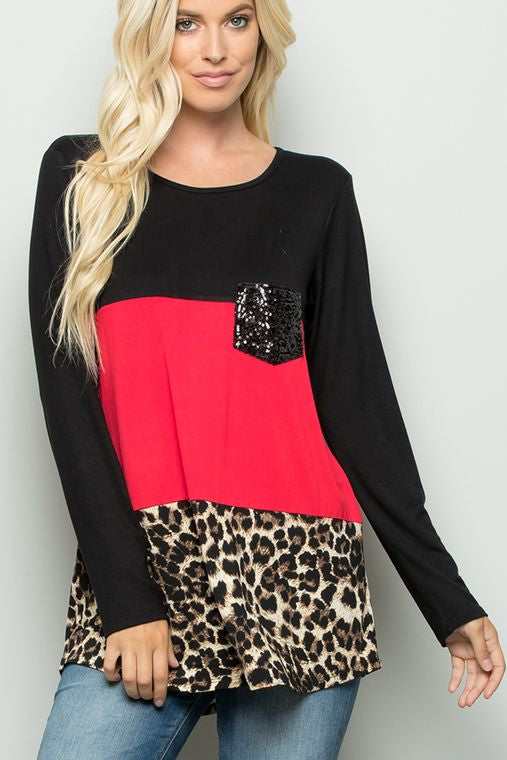 SOLID AND ANIMAL TOP WITH SEQUINS POCKET