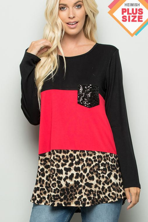 PLUS SOLID AND ANIMAL TOP WITH SEQUINS POCKET