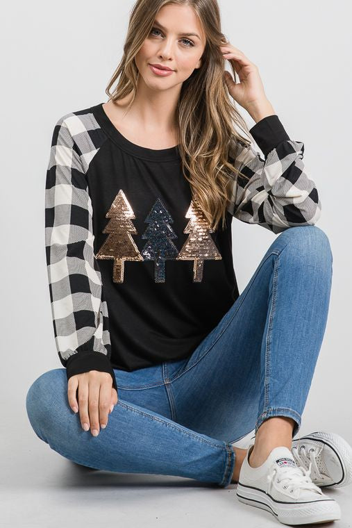 SOLID AND PLAID TOP WITH CHRISTMAS TREE