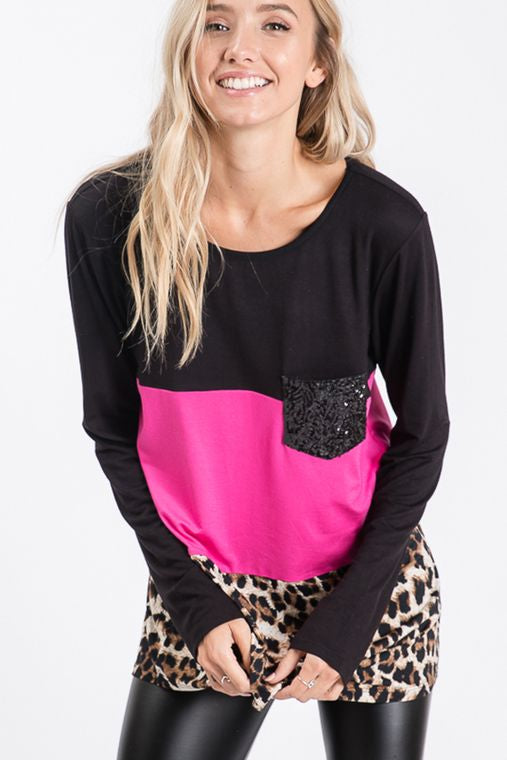 SOLID AND ANIMAL TOP WITH SEQUINS POCKET