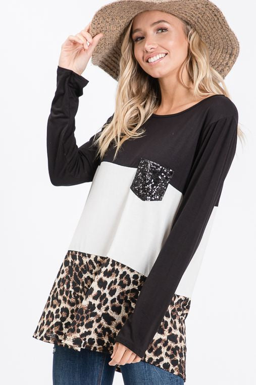 SOLID AND ANIMAL TOP WITH SEQUINS POCKET