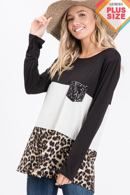 PLUS SOLID AND ANIMAL TOP WITH SEQUINS POCKET