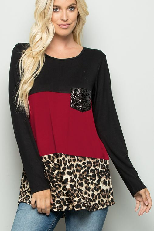 SOLID AND ANIMAL TOP WITH SEQUINS POCKET