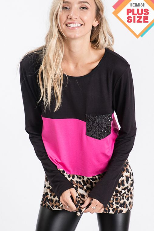 PLUS SOLID AND ANIMAL TOP WITH SEQUINS POCKET